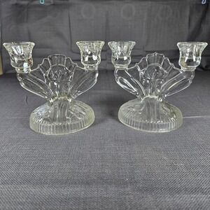 Vintage Clear Glass Double Candle Holder Set Elegant Candlelabra Decor‎